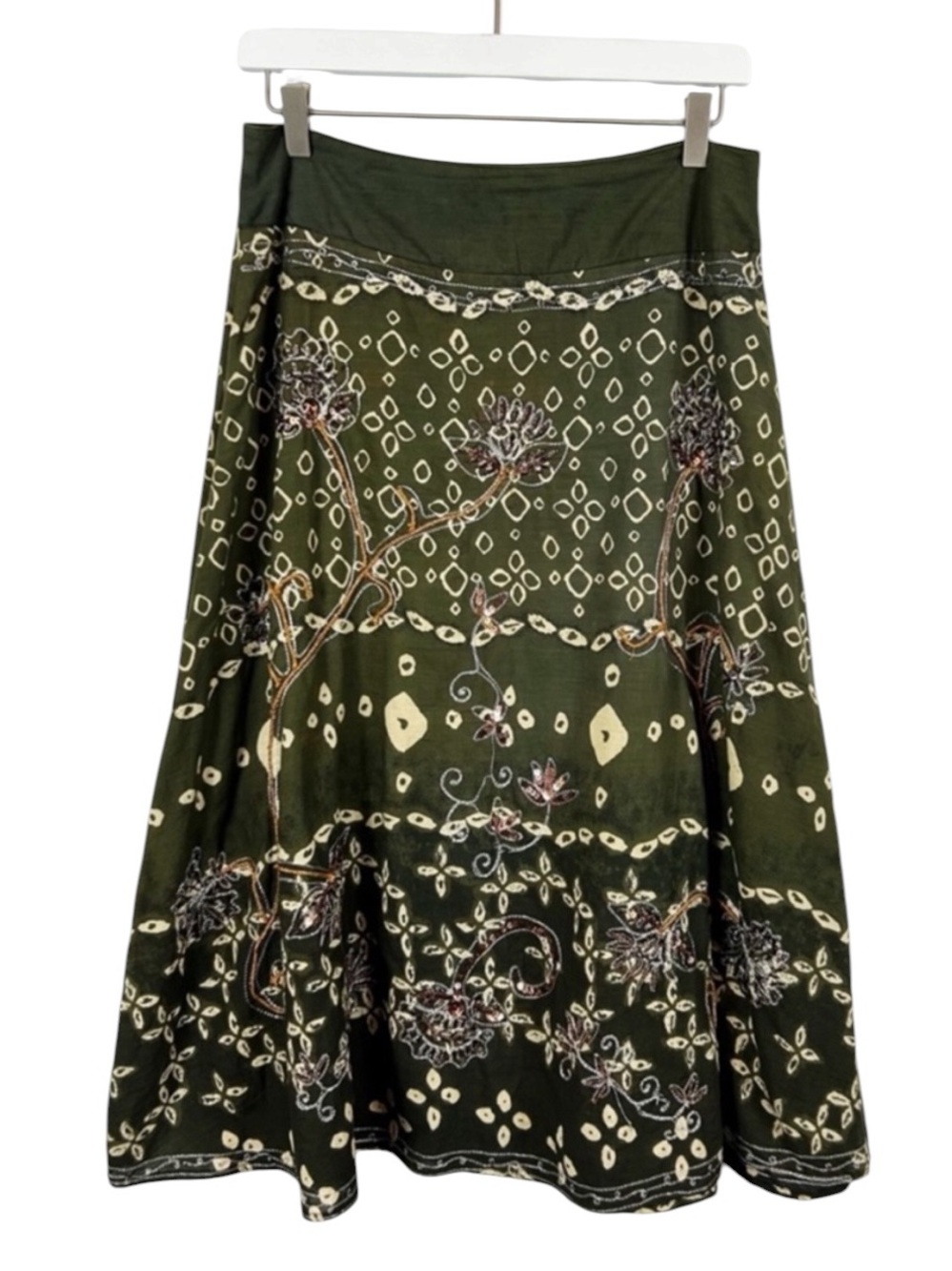 Autograph Olive Green Floral & Geometric A-Line Skirt Size 6 Sequins
